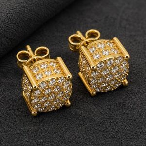 Men’s Gold Tone Iced Out Pave Cube Stud Earrings